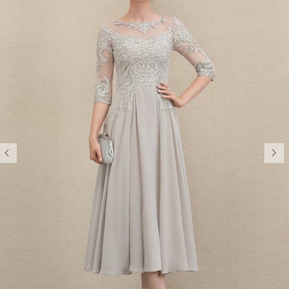 NWT JJ's House A-line Illusion Tea-Length Chiffon Lace Sequin Dress in Picture
